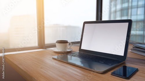 Wallpaper Mural Modern Workspace with Laptop, Coffee, and Smartphone by Window Torontodigital.ca