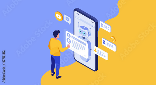 Isometric illustration of a man interacting with an ai chatbot application on a smartphone