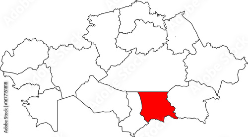 A detailed map of Kazakhstan highlighting the Jambyl Region (Zhambyl Oblysy). Perfect for agricultural reports, regional tourism, or historical-related content.

