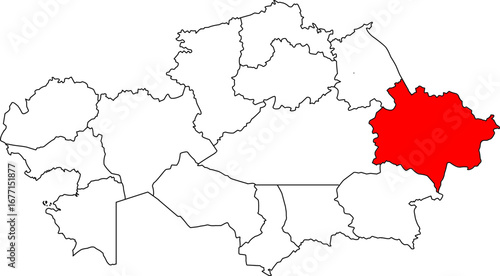 A detailed map of Kazakhstan highlighting the East Kazakhstan Region. Perfect for showcasing the country's natural landscapes, regional business, or historical studies.

