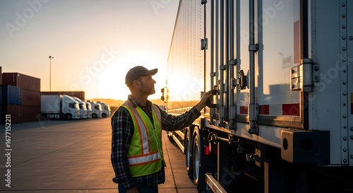 Diligent Truck Driver Inspecting Semi-Trailer Doors at Golden Hour Logistics Depot