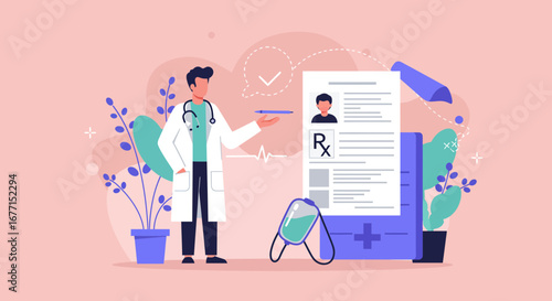 Medical Doctor Illustration with Prescription for Health and Wellness Promotion