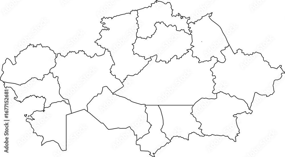 Obraz premium A clean, blank outline map of Kazakhstan with all regional borders clearly marked. Great for infographics or geographical data visualization.