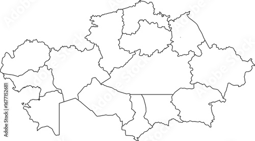 A clean, blank outline map of Kazakhstan with all regional borders clearly marked. Great for infographics or geographical data visualization.

