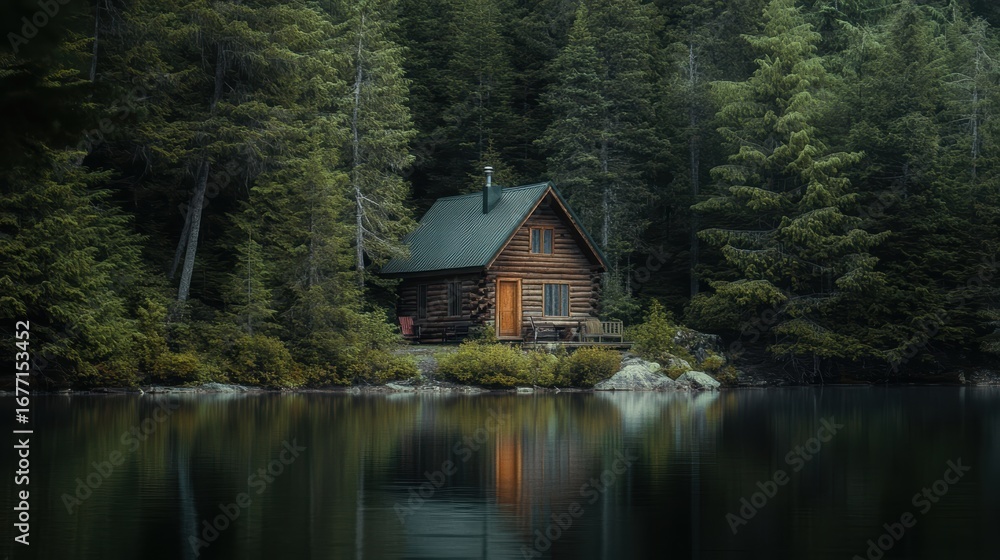 Obraz premium A serene cabin nestled among lush trees by a tranquil lake, reflecting the beauty of nature in a peaceful setting.