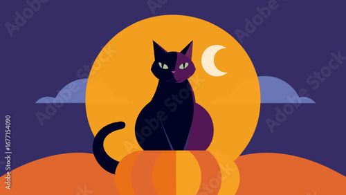 Minimal flat vector illustration of a black cat with glowing green eyes sitting on a pumpkin under the moonlight. Halloween night scene with bold orange and purple colors