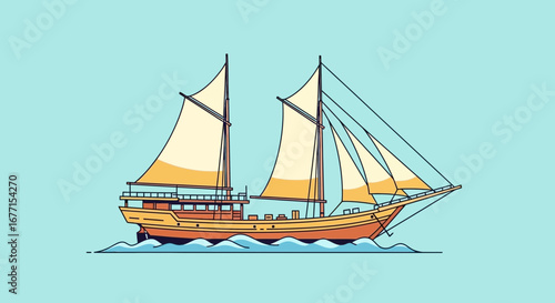 Minimalist Line Art Detailed Sailing Ship and Ocean Illustration Artwork