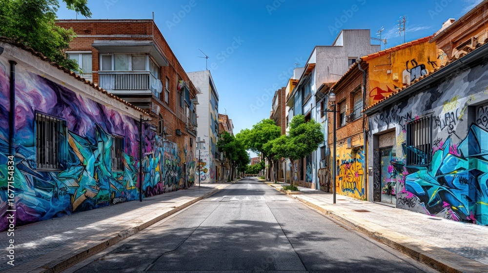 Fototapeta premium A vibrant urban street lined with colorful graffiti-covered buildings, showcasing a spirited and artistic neighborhood.