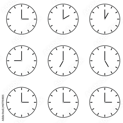 Minimalist Analog Clock Icons Set: Vector Collection of Twelve Time Variations, Black Outline Silhouettes for UI UX Design and Business Concepts