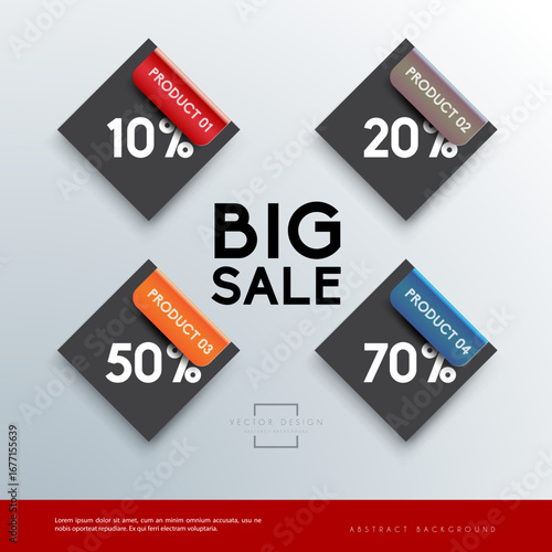 Big Sale Banner Vector Infographic Design with Percentage Discounts and Product Options on Modern Dark Square Diamond Shapes for Retail Marketing and Promotional Advertising 