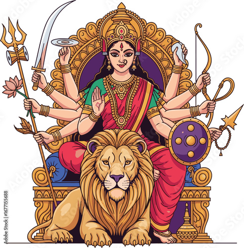 Goddess Durga seated on a throne with lion vahana and ornate details Hindu goddess