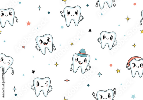 Adorable cute cartoon teeth characters with smiling faces and stars adorning a white background