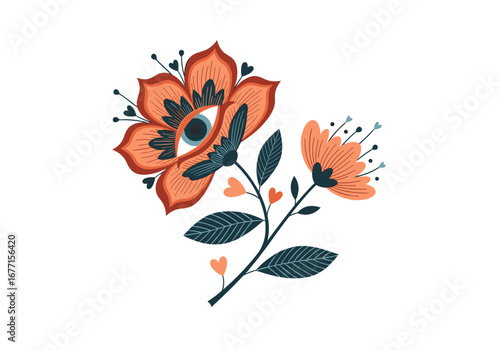 Whimsical floral eye design with hearts and botanical elements