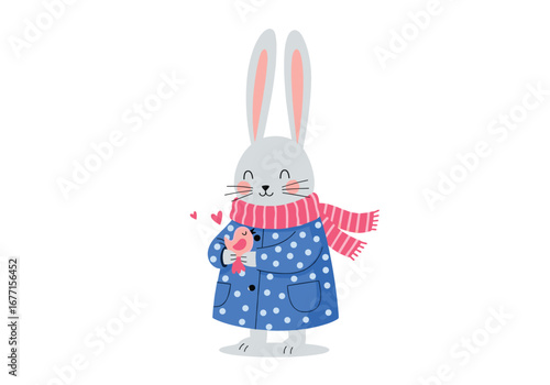 Cute bunny wearing scarf and dress holding a bird with hearts and confetti a sweet illustration