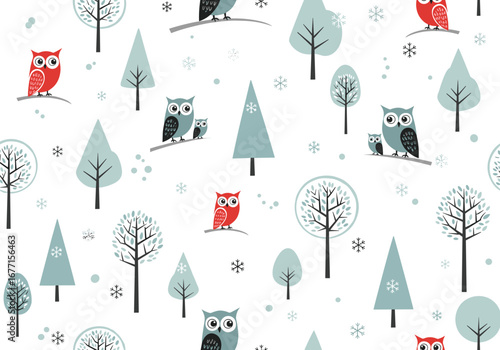 Charming winter forest animals with cute owls and snowy trees digital art pattern