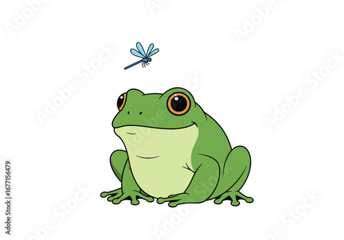 Cute green frog sitting patiently waiting for a dragonfly to approach
