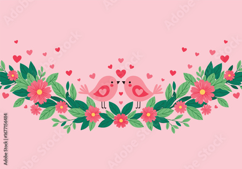 Charming floral archway adorned with adorable lovebirds and heart accents for romantic occasions