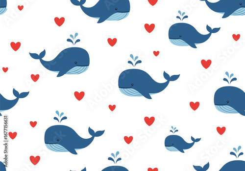 Charming blue whales and red hearts scattered across a white background pattern for kids