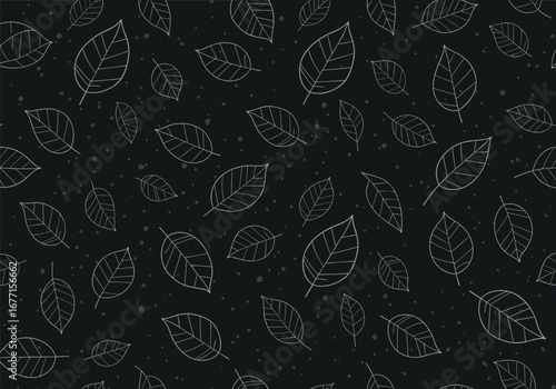 Abstract organic pattern design featuring scattered stylized leaves and dots on dark background
