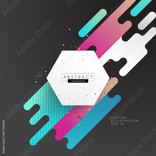 Abstract Vector Background with Colorful Rounded Dashed Lines, White Hexagon Frame, Halftone Pattern, and Modern Motion Graphic Design