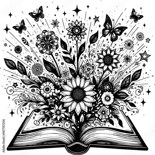 Open Book of Blooming Delights: A captivating monochrome illustration, showcasing an open book from which a vibrant burst of blossoming flowers, fluttering butterflies, and shimmering stars emerges.