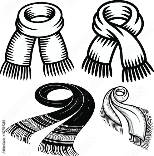 Black and white winter mufflers in hand-drawn illustrations