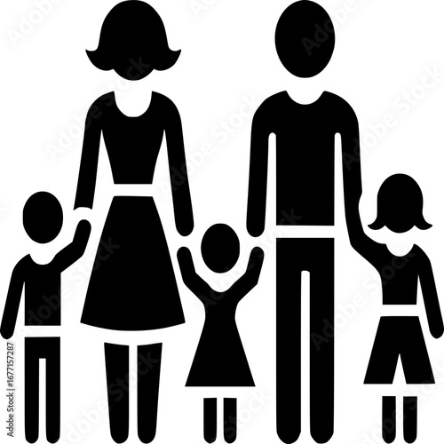 Family Unity: A solid black line illustration depicts a family of five, symbolizing unity, love, and togetherness, creating an iconic representation of familial bonds and values.
