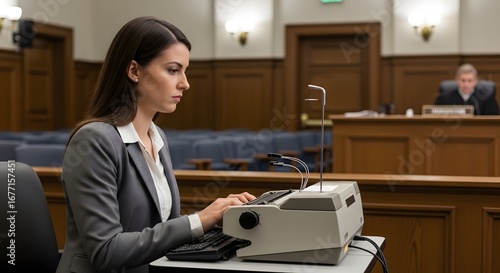 Focused Court Reporter Transcribing Legal Proceedings with Stenotype Machine in Modern Courtroom