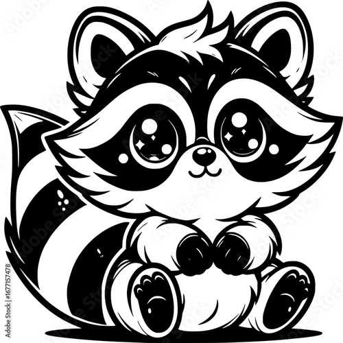 Cute Cartoon Raccoon: A charming cartoon raccoon with its distinctive masked face and fluffy tail, rendered in a clean, bold black and white illustration, exuding an air of playful charm.