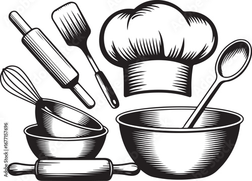 Vector Graphic Engraving of Various Kitchen and Baking Tools