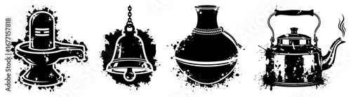 Shiva lingam bell kalash and kettle hindu ritual objects