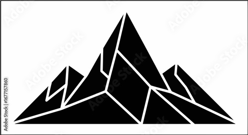 Black and white geometric mountain range graphic illustration, symbolizing adventure and exploration