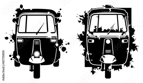 Front view auto rickshaw tuk tuk grunge silhouette vector illustration shape