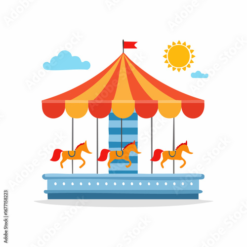 Colorful illustration of a carousel with horses, flag, sun, and clouds