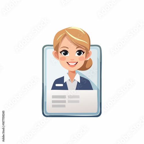 Cartoon blonde professional woman on a profile card smiles with businesslike composure and a uniform suit