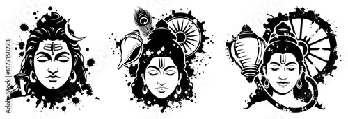 Lord Shiva faces with trident drum and snake