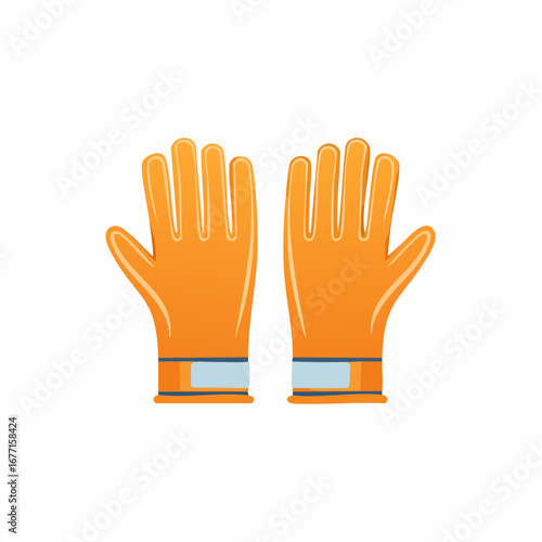 Pair of orange cartoon style work gloves with blue cuffs and safety stripe detail