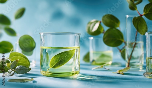 Beaker with fresh leaf, surrounded by greenery