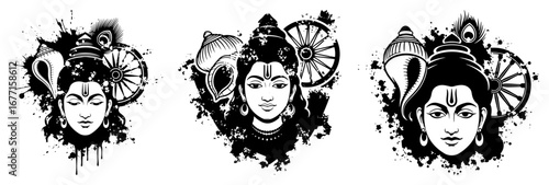 Lord Krishna and Rama faces collection monochrome vector