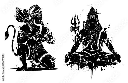 Hindu gods Shiva and Hanuman black grunge silhouette vector laser cutting engraving shape