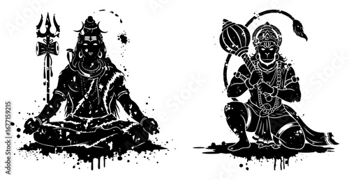 Lord Shiva and Hanuman in grunge style silhouette vector