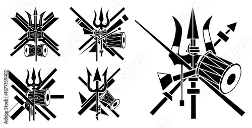 Trishul and Damaru of Lord Shiva vector icon set