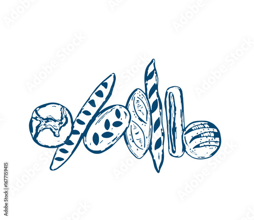 Windmill and fresh bakery products. homemade baking. bakery products. vector sketch on white