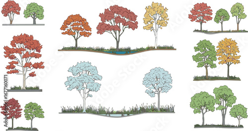 Isolated a kinds of Architectural Drawings, Minimal style cad tree autumn line drawing, Side view, set of section wetland forest outline for landscape design drawing in separate element vector art .