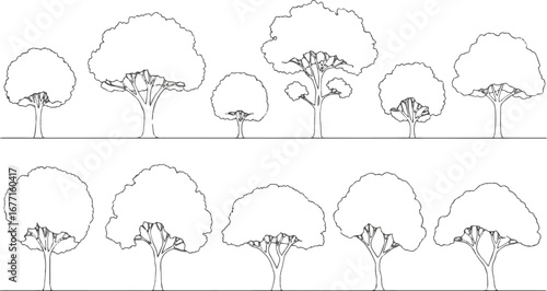 Isolated a Architectural Drawings, Minimal style cad tree line drawing, Side view, set of graphics trees elements outline symbol for landscape design drawing in stroke fill in vector art .
