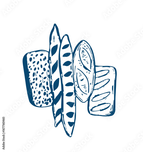Windmill and fresh bakery products. homemade baking. bakery products. vector sketch on white