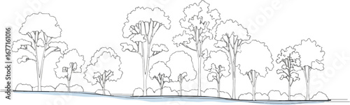  Isolated a Architectural Drawings, Minimal style cad tree line drawing, Side view, set of section wetland forest outline for landscape design drawing in separate element vector art ,