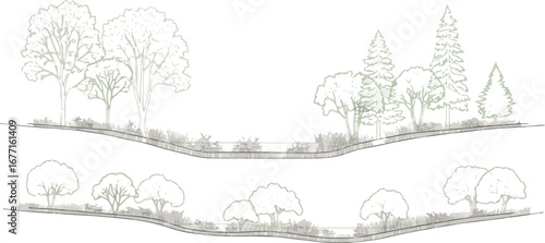 Isolated a Architectural Drawings, Minimal style cad tree line drawing, Side view, set of section wetland forest outline for landscape design drawing in seperate element vector art .