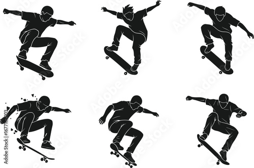 Dynamic skateboarder performing tricks, jump, and stunts in silhouette for active lifestyle and extreme sport imagery.