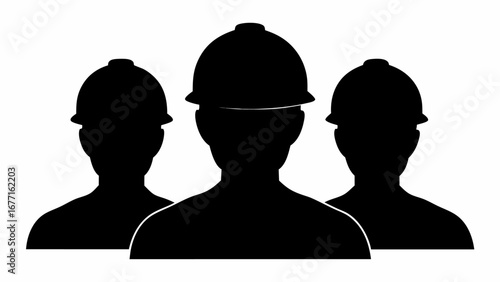 Silhouette of three construction workers wearing hard hats standing in a group formation together viewed frontally